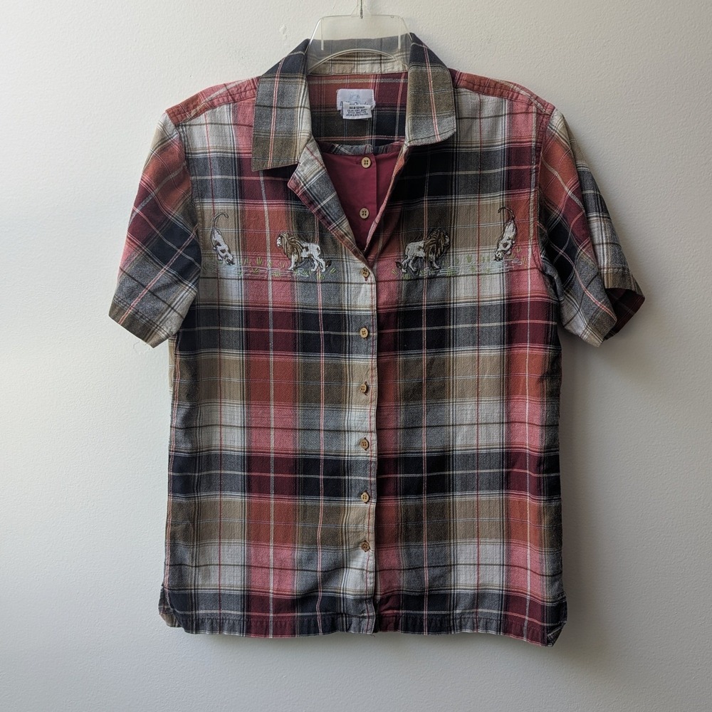 Vtg Short Sleeve Plaid Shirt Layered Look Burgundy Embroidered Lion Sz M 8/10